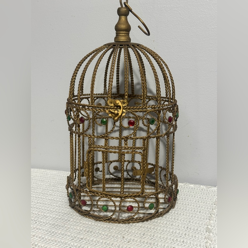 Vintage Gold Decorative Birdcage Accent with Red and Green Bead Detailing